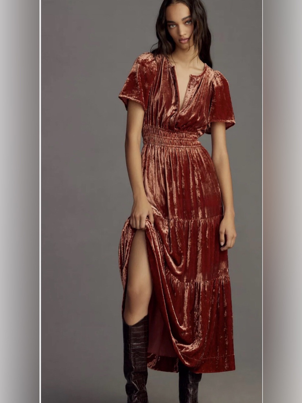 Anthropologie The Sumerset Velvet Edition Tiered Smock Auburn Size M - Picture 1 of 6